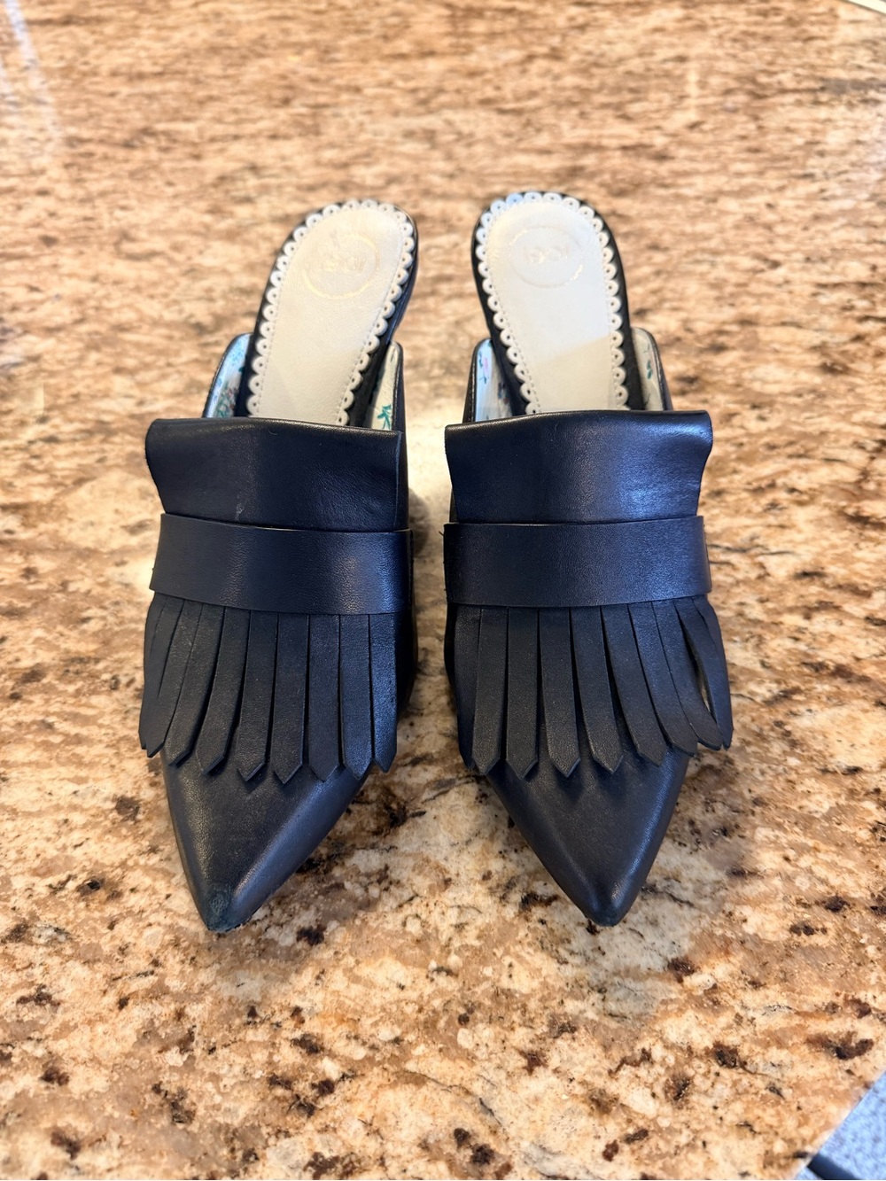 1901 Black Pointed-Toe Fringed Slip-On Heels